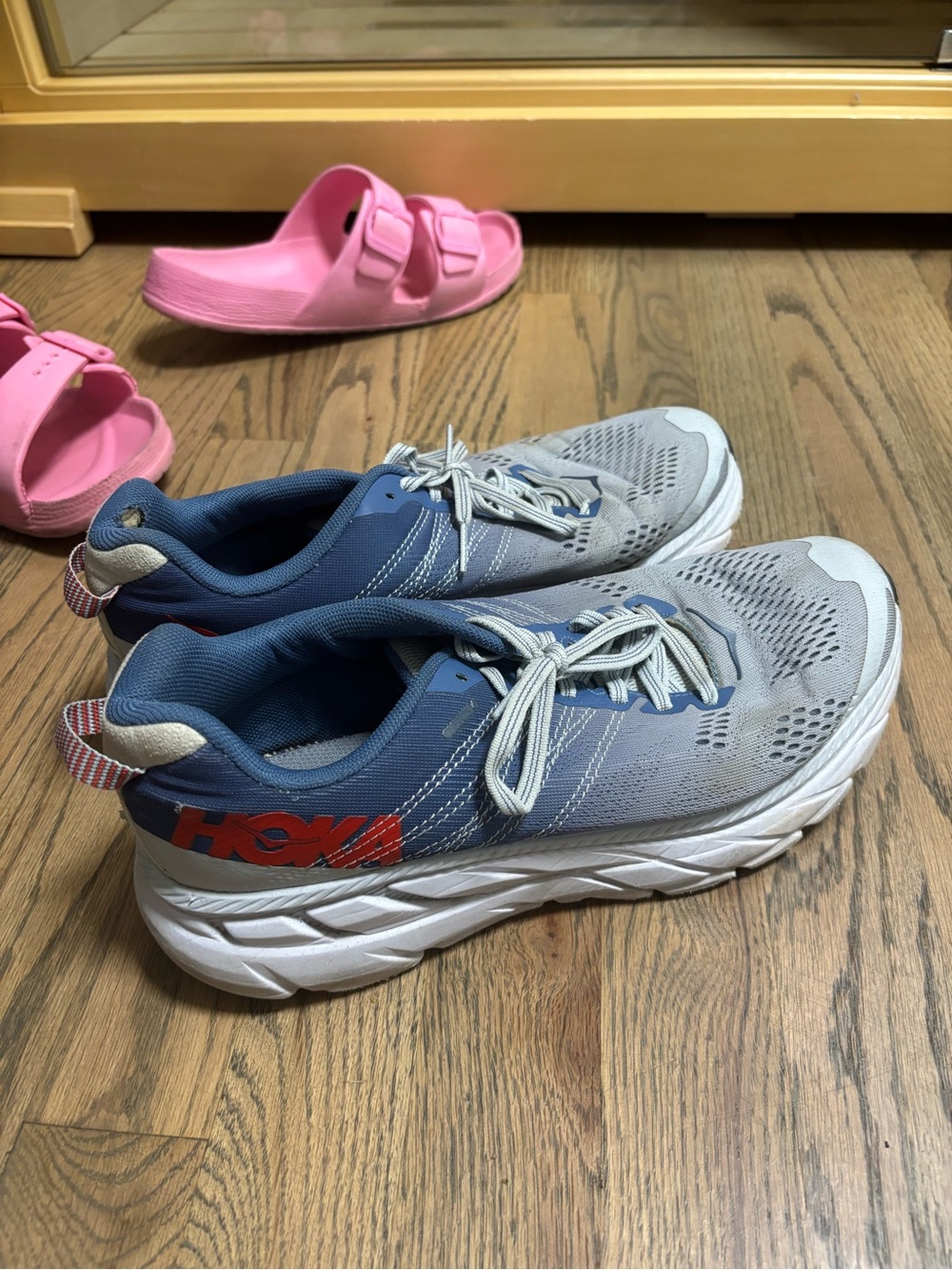 HOKA Women's Light Gray & Navy Blue Running Shoes with Red Logo